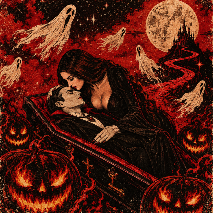 A dark red-and-black gothic illustration depicts a woman leaning over a man in a coffin amid jack-o’-lanterns, ghosts, a full moon, and a haunted-looking castle.