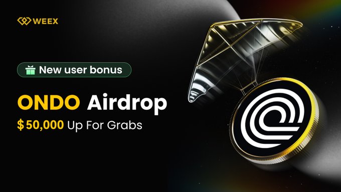 This image promotes the OENDO Airdrop with "$50,000 Up For Grabs" and a "New user bonus," featuring the WEEX logo. The graphic visually represents an airdrop by showing a coin falling from a device resembling a kite or parachute.