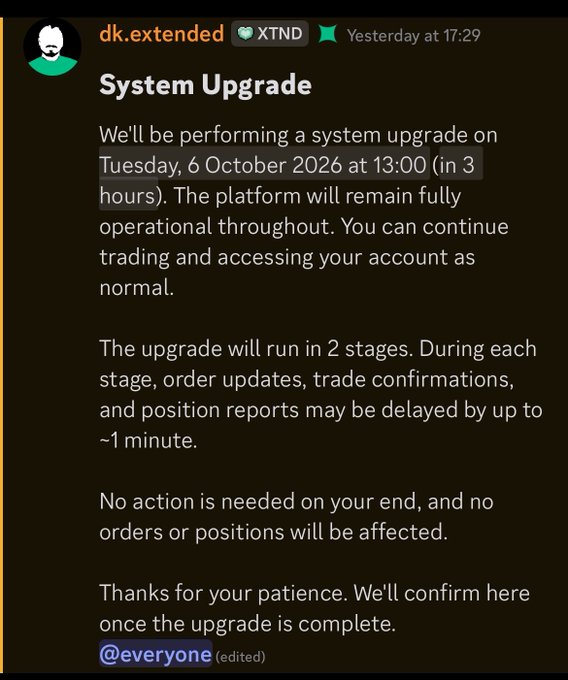 A Discord announcement titled 'System Upgrade' from dk.extended informing users of a scheduled platform upgrade on Tuesday, 6 October 2026.