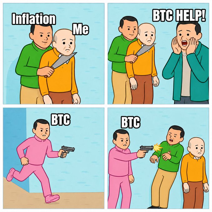 A four-panel meme illustrating 'Inflation' threatening 'Me' with a knife, followed by 'BTC' shooting the Inflation character in a pink suit, showing Bitcoin as a savior against inflation.