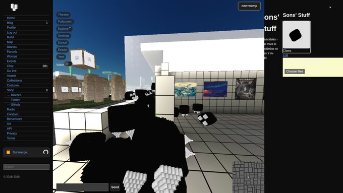 A screenshot of a 3D virtual world platform with menu options including "Home," "Profile," "Blog," and "Chat" along the left sidebar, showing a black low-poly character in a white-tiled room with "Sons' Stuff" and "Choose Item" panels visible on the right, likely discussing potential game modes in this user-created environment.