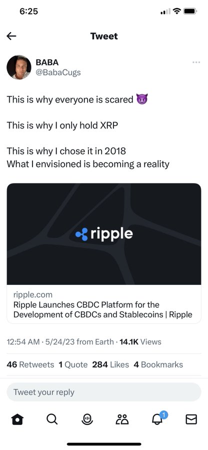 A Twitter/X post by user @BabaCugs discusses Ripple/XRP cryptocurrency, featuring a link about 'Ripple Launches CBDC Platform' with 14.1K views.