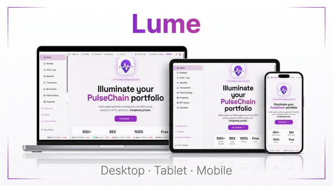 The image features a website called "lume" with three screens displaying different content, including a desktop screen, a tablet screen, and a mobile screen. The main focus of the image is the website itself, which has purple text that reads "lume". This suggests that the website might be related to a pulse chain or a similar business, as it uses a unique color scheme for its branding.