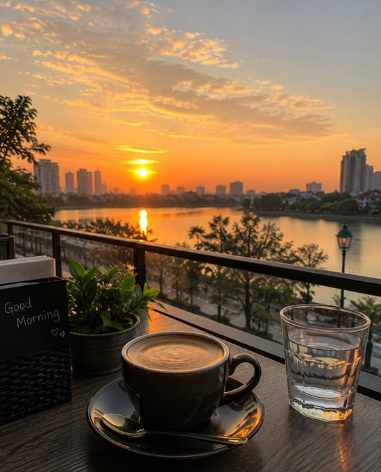 A serene morning scene featuring a cup of coffee and a glass of water on a wooden table, with a small chalkboard sign reading 'Good Morning,' set against a city skyline and lake at sunrise.