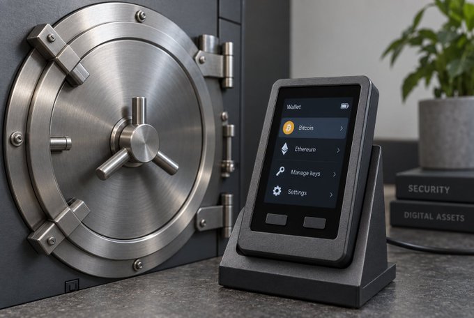 A hardware cryptocurrency wallet displaying options for Bitcoin, Ethereum, Manage keys, and Settings, sitting next to a large metal safe with books labeled 'SECURITY' and 'DIGITAL ASSETS'.