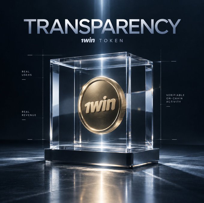A 3D render promoting 'TRANSPARENCY' for the '1win TOKEN', showing a gold '1win' coin encased in a transparent glass box, flanked by labels for 'REAL USERS', 'REAL REVENUE', and 'VERIFIABLE ON-CHAIN ACTIVITY'.