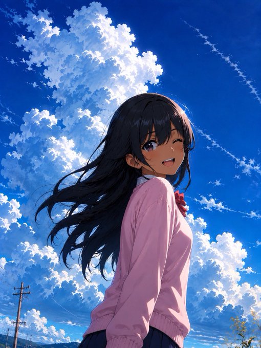 An anime-style illustration of a smiling girl with long dark hair wearing a pink sweater and red bow, set against a vibrant blue sky filled with dramatic white clouds.
