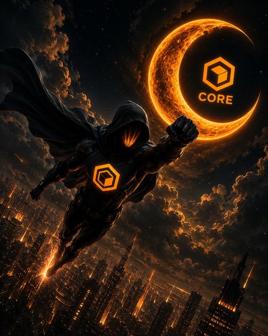 A dark, cinematic illustration of a hooded superhero figure with glowing orange accents and the "CORE" blockchain logo, flying over a futuristic city at night beneath a crescent moon bearing the Core logo.