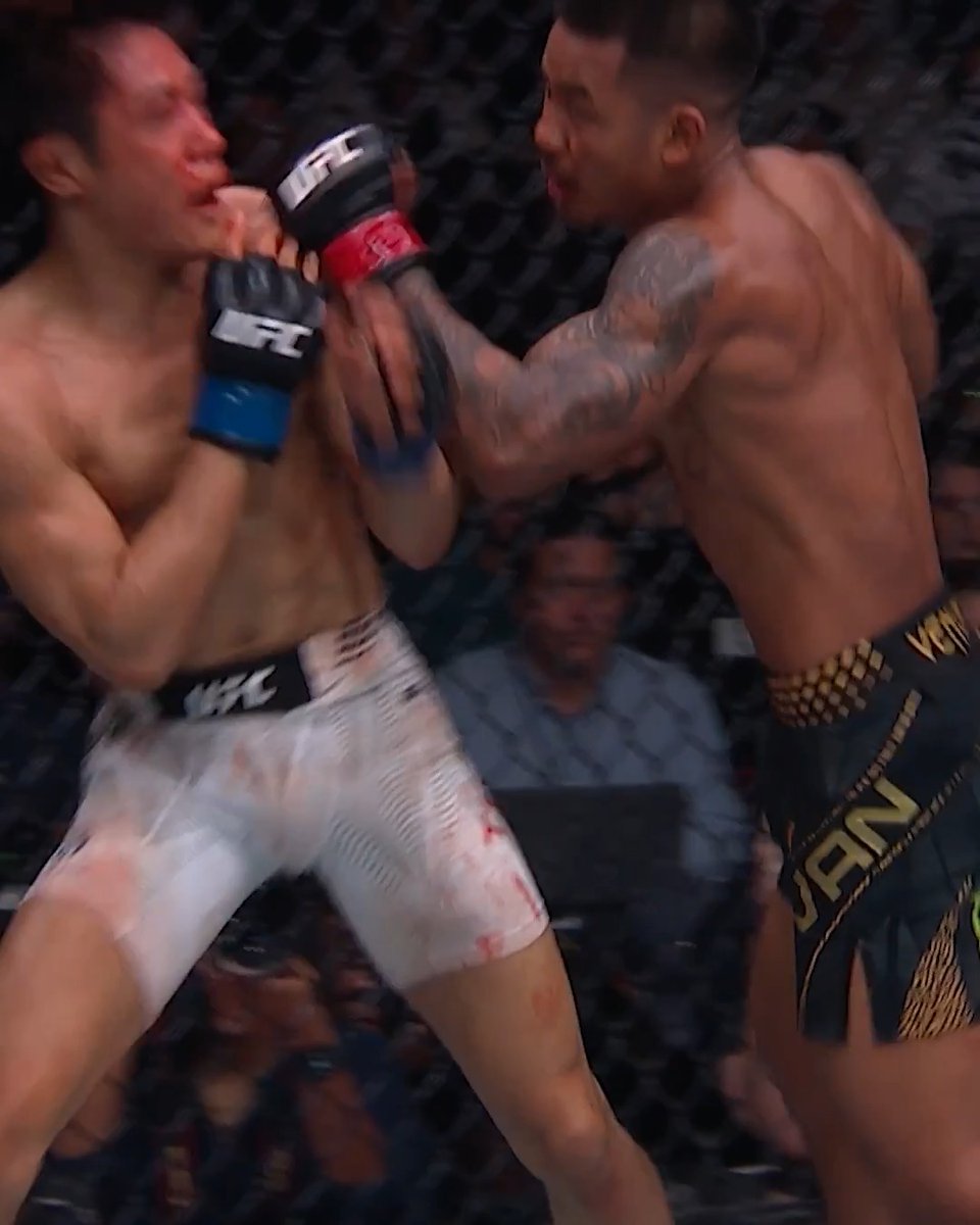Two UFC fighters engage in an intense exchange inside the octagon, with the fighter on the right landing a punch to his opponent's face, while "UFC" branding is visible on their gloves and the shorts display "VEN" text, connecting to the post about Joshua Van defending his flyweight title at UFC 331.