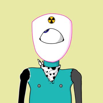 A cartoon drawing of a figure with a white rounded head featuring a radiation symbol on the forehead and a large open mouth, wearing a teal outfit with a Dalmatian-print scarf.