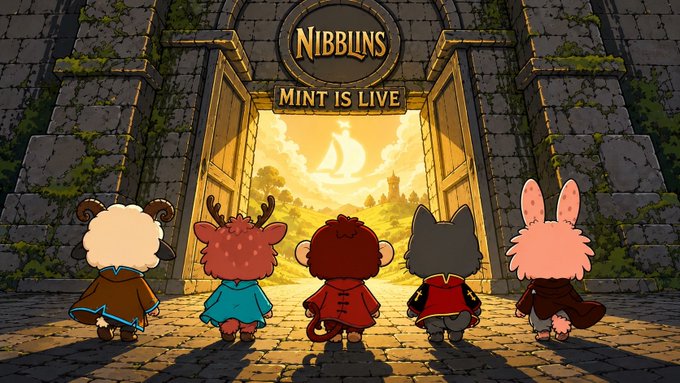 Five adorable animal characters—a ram, deer, monkey, cat, and rabbit—stand before massive open stone gates beneath the "NIBBLUNS" logo and a "MINT IS LIVE" banner, gazing out at a glowing fantasy landscape to symbolize the launch of the Nibbluns NFT collection mint available on OpenSea.