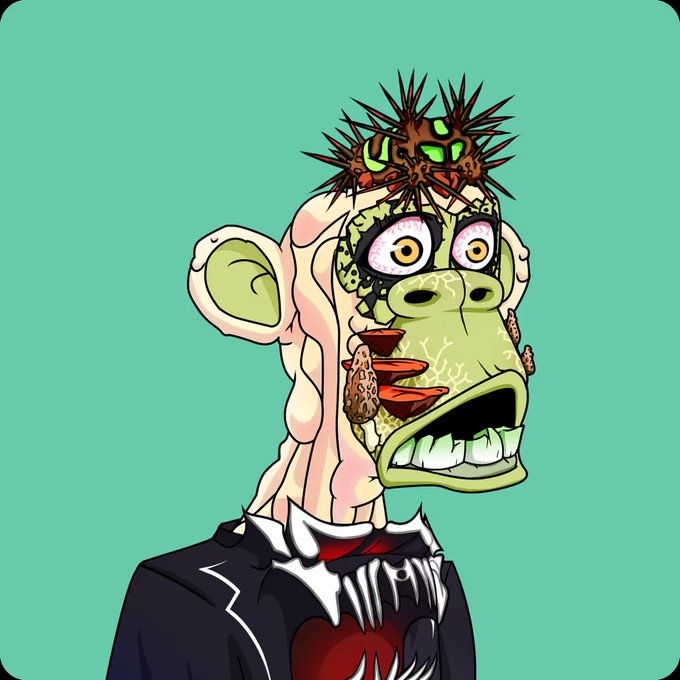 A grotesque, mutated ape character with exposed brain-like growths, bulging eyes, and a partially decayed face is shown, likely representing a Bored Ape Yacht Club (BAYC) NFT. The image ties into the post by promoting a Sunday Services freeroll poker tournament exclusive to BAYC/MAYC holders, using the recognizable ape NFT aesthetic to appeal to the crypto collectibles community.