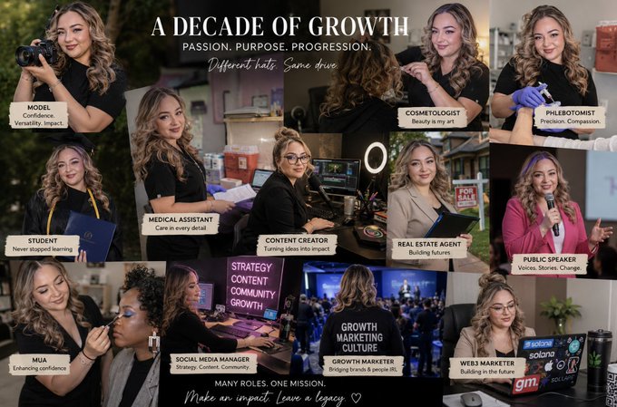A promotional collage titled 'A Decade of Growth - Passion. Purpose. Progression' showcasing a woman in various professional roles including Model, Cosmetologist, Phlebotomist, Student, Medical Assistant, Content Creator, Real Estate Agent, Public Speaker, MUA, Social Media Manager, Growth Marketer, and Web3 Marketer.