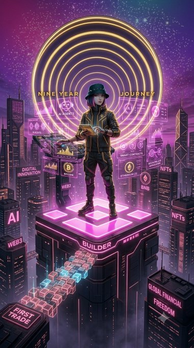 A young person in a bucket hat and futuristic jacket stands on a glowing pink "BUILDER" platform, holding a tablet amidst floating crypto-themed holograms labeled "AI," "WEB3," "NFTS," "BNB," "ETH/ETH/USDT," and "DIGITAL INNOVATION," with concentric golden rings overhead displaying "NINE YEAR JOURNEY"—visually capturing a personal evolution from novice to knowledgeable crypto participant, echoing the post's reflection on learning through nine years of market experience.