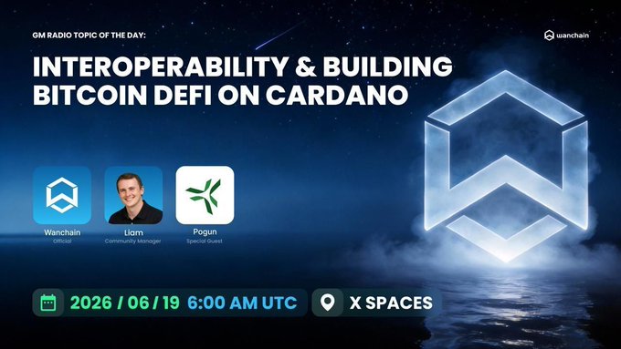The image features a poster for an event that takes place at GM Radio on T-minus 2 hours. The poster displays a blue background with white text, including the title "Interoperability & Building Bitcoin DeFi on Cardano" along with the names of two people who will be speaking about Bitcoin DeFi and its implications. There is also a green logo in the center of the image that reads "W".