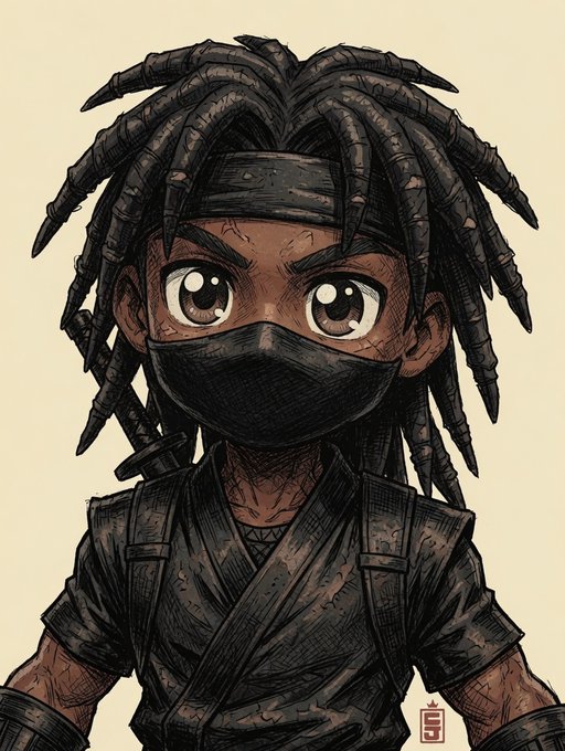 A chibi-style illustration of a young ninja character with dreadlocks, large expressive eyes, and a black face mask, wearing dark traditional clothing.