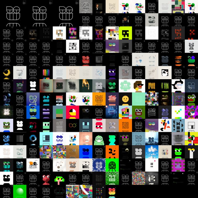 A grid collage of numerous small, varied character and pixel-art NFT images, including many Opepen-style figures with distinct eyes and glasses, displayed against a black background to showcase a personal digital art collection. The arrangement visually represents the user's expanding Opepen NFT portfolio containing 210 pieces on their reno99 node with 950 days of uptime.