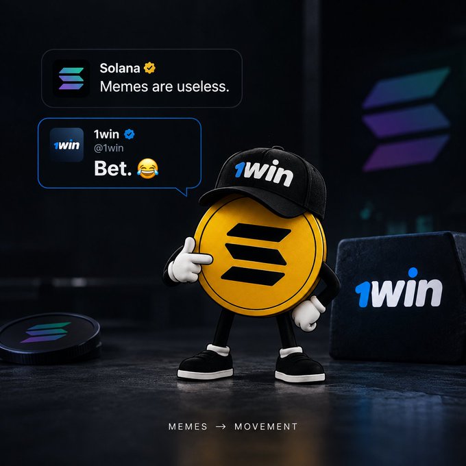 A 3D-rendered mascot coin wearing a '1win' cap stands next to text bubbles showing a Solana message saying 'Memes are useless' and a 1win response saying 'Bet.', with the tagline 'MEMES → MOVEMENT' at the bottom.