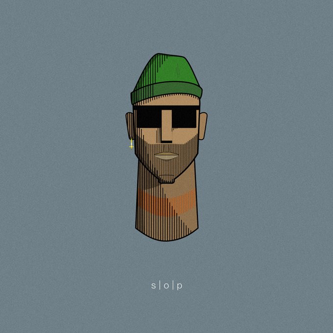 A digital illustration of a stylized character with a green beanie, dark sunglasses, a beard, and a cross earring, with the text 's|0|p' displayed below on a gray background.