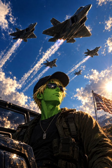 A digital illustration shows a green-skinned, blonde-haired character in sunglasses and a cap with fighter jets streaking overhead and an American flag in the background.