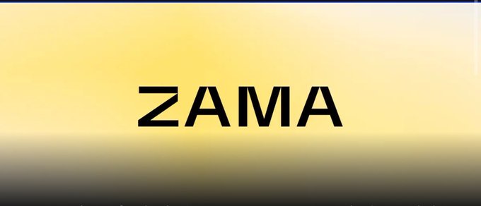 The word "ZAMA" displayed in bold black text against a blurred yellow and gray background.