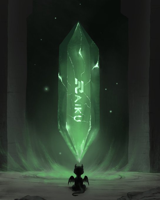 A stylized fantasy illustration of a small, silhouetted winged creature looking up at a large, glowing green crystal suspended in the air, which bears the glowing text "RAIK3".