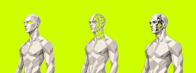 Three low-poly 3D humanoid figures stand against a bright yellow-green background, showing progressive stages of design—plain mesh, wireframe overlay on the head, and a cracked/mechanical variant—suggesting character variations for the @Duckling_nft collection referenced in the allowlist announcement.