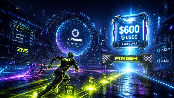 A futuristic, neon-lit promotional image for Soneium, featuring a runner crossing a 'FINISH' line toward a '$600 USDC REWARD VAULT', with a live leaderboard on the left.