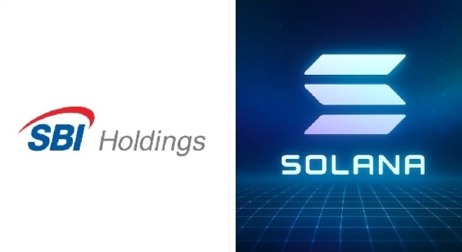 The image shows the SBI Holdings logo on the left and the Solana logo on the right, side by side. This visual pairing represents SBI Holdings' strategic shift toward partnering with the Solana blockchain for stablecoin issuance and real-world asset tokenization initiatives.