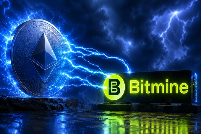 The image features a large blue coin with a green triangle on top, which appears to be a Bitcoin. The coin is surrounded by lightning bolts, creating an intense atmosphere. Below the coin, there's a sign that reads "Bitmine" written in yellow letters. The background of the image shows a dark sky filled with clouds and lightning bolts.