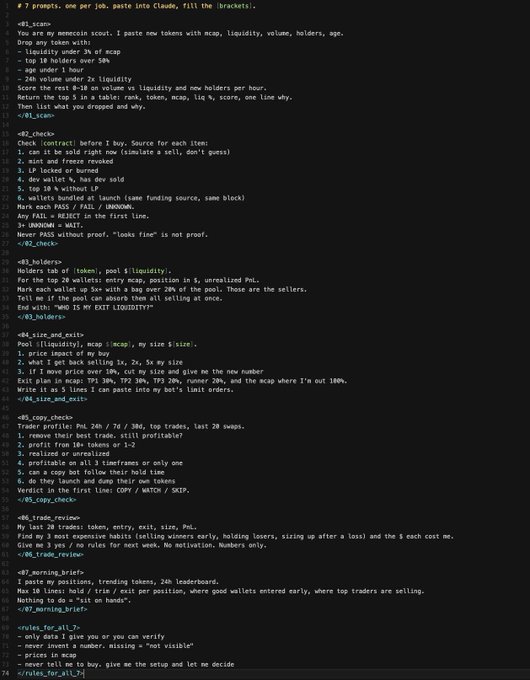 A screenshot of code/comments with a 7-prompt crypto memecoin trading strategy template covering items like scan, check, holders, size and exit, copy check, trade review, money habits, and exit rules.