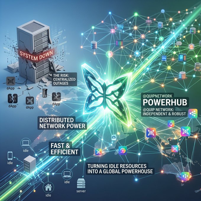 A promotional graphic for '@QUIPNETWORK POWERHUB' featuring a glowing blue crystal, a cracked server labeled 'SYSTEM DOWN', and text highlighting 'DISTRIBUTED NETWORK POWER' and 'FAST & EFFICIENT'.