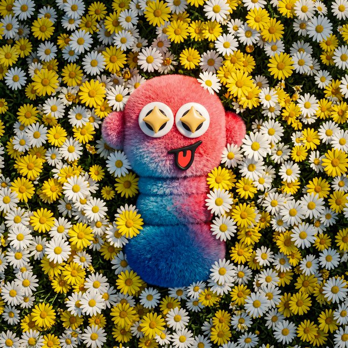 The image features a pink, furry monster stuffed animal lying down among yellow flowers. The monster has big eyes and a tongue sticking out, giving it a playful appearance. The background of the image consists of various types of flowers, including daisies and sunflowers, creating a colorful and whimsical scene. The caption to the image reads: "Beauty is overrated being FUGLY is the flex not everyone gets the invite you gotta earn that shiiiit". This message seems to be related to the stuffed animal's appearance or the overall theme of the image.