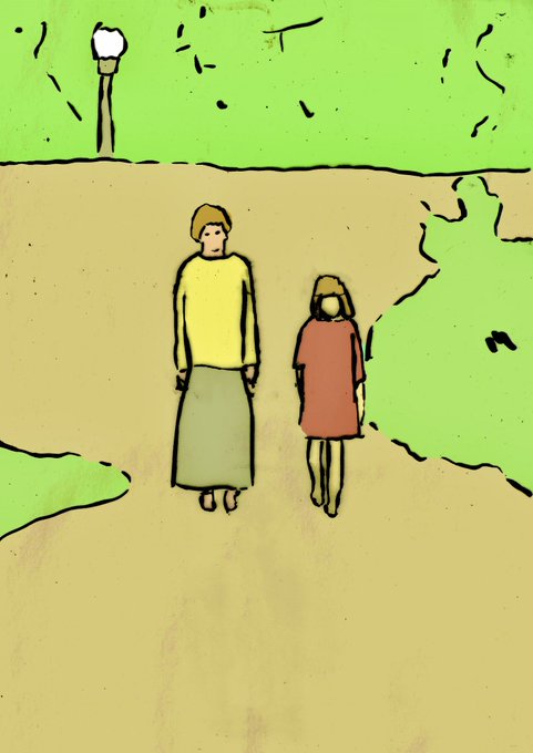 A simple hand-drawn illustration of an adult in a yellow top and green skirt standing next to a child in a red dress, set against a yellow ground and green sky.