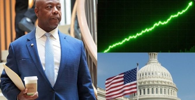 The image shows Senator Tim Scott in a blue suit holding a coffee cup, alongside a green stock chart trending upward and the U.S. Capitol building with an American flag. The collage visually ties together the political negotiations around the CLARITY Act with financial market optimism, suggesting the bill's progress could be driving positive market momentum.