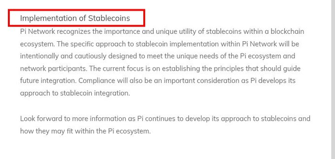 A screenshot of a Pi Network blog section titled "Implementation of Stablecoins," stating that Pi Network recognizes the importance of stablecoins but will take an "intentionally and cautiously designed" approach to meet the unique needs of its ecosystem, with compliance as a key consideration. The image reinforces the post's message about Pi Network's deliberate and careful strategy for stablecoin integration to avoid overshadowing Pi.