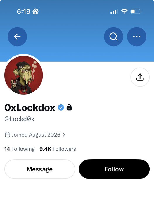 The image shows a Twitter/X profile for "0xLockdox" (@Lockd0x), verified with a lock icon, displaying 9.4K followers and a join date of August 2026, with an illustration-style avatar. This aligns with the post noting the developer has rebranded, showing the new username and branding.