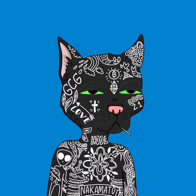 An illustration of a black Sphynx cat with white tattoo-style designs covering its body, including words like 'LOVE', 'HOLY', and 'NAKAMOTO'.