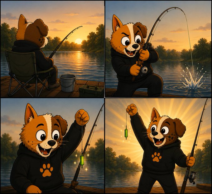 A four-panel cartoon comic showing a dog character in a black hoodie going fishing at sunset, successfully catching a glowing green lure and celebrating.