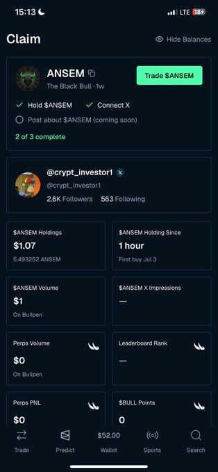 A mobile app screenshot of a 'Claim' page for $ANSEM cryptocurrency token, showing holding statistics for user @crypt_investor1 with a $52.00 wallet balance.