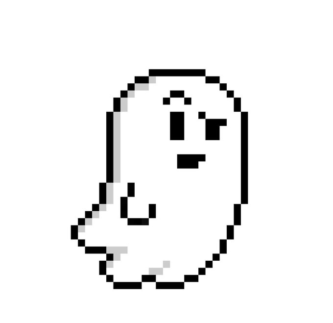 A pixelated line drawing of a ghost-like face with a surprised expression, featuring wide eyes and an open mouth, rendered in black on a white background.