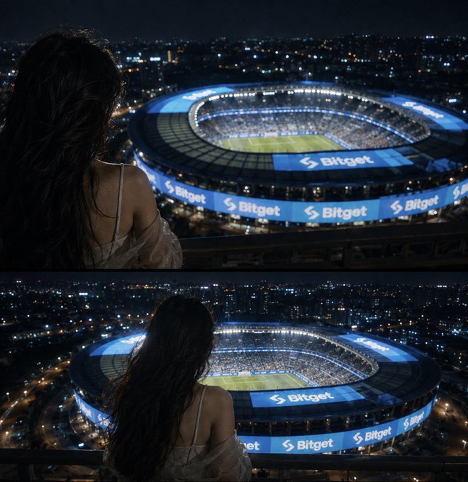 The image shows a woman standing at the top of a stadium, looking out over the field below. The stadium appears to be lit up with blue lights, creating an impressive atmosphere for spectators. There are also several other people visible in the scene, possibly enjoying the event or waiting for their turn to enter the stadium.
