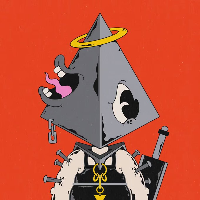 A cartoon illustration shows a gray pyramid-headed character with a yellow halo, wide eyes, and an open mouth, wearing a spiked white outfit with chains and a triangle pendant against a red background. The "1/111" caption suggests this is the first piece in a series of 111, fitting the rebellious, edgy character design that resembles a provocative mascot.