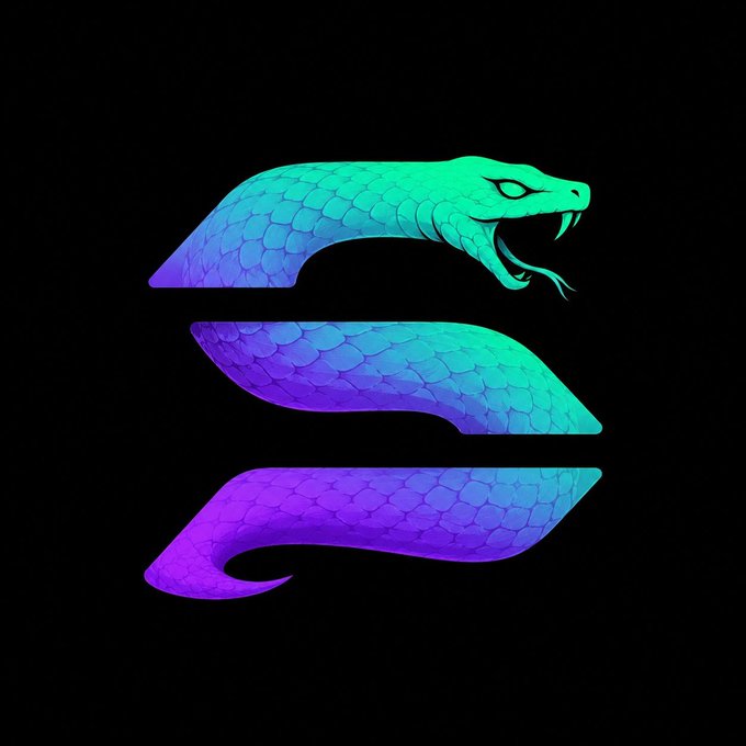 A stylized logo featuring a coiling snake rendered in a vibrant gradient of cyan, green, and purple scales against a solid black background.