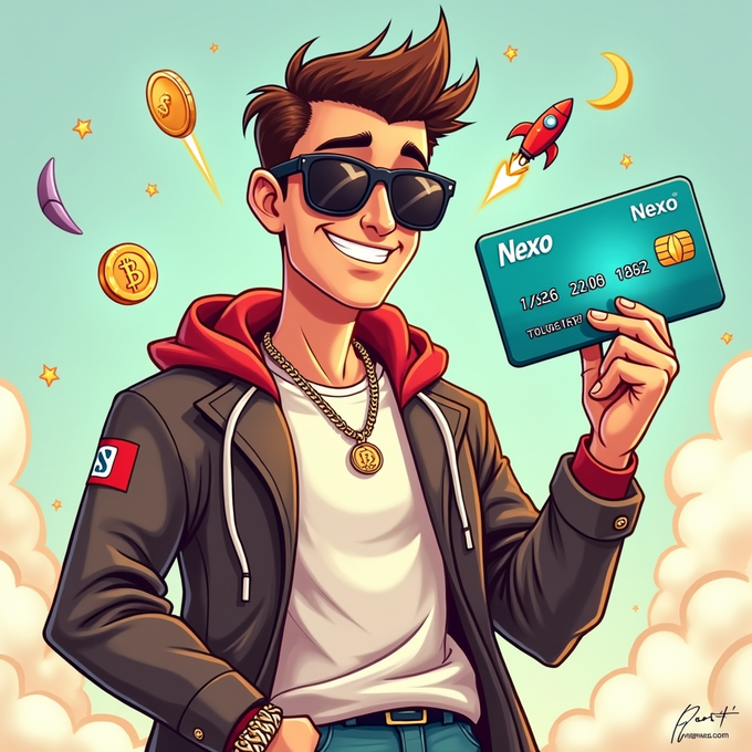 A cartoon-style illustration shows a smiling young man wearing sunglasses and a gold chain, holding a teal 'Nexo' credit card, with Bitcoin coins, a rocket, and stars floating around him.