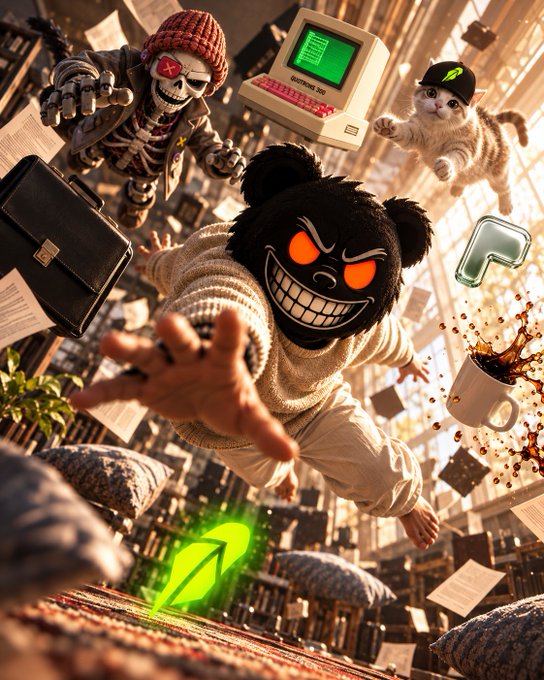 A surreal digital artwork featuring a menacing black bear character in a white sweater lunging forward, with a skeleton in a red beanie and a cat wearing a cap falling through an office space filled with floating papers, a Commodore 350 computer, and a splashing coffee mug.