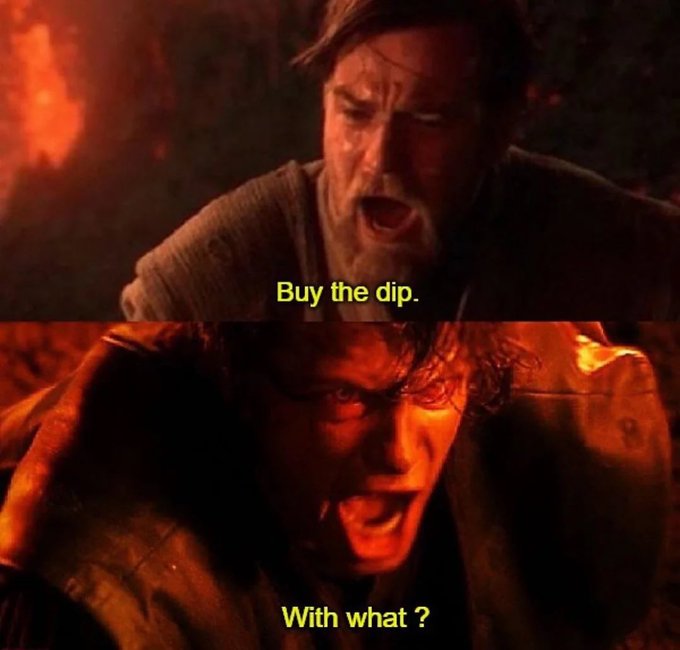Two characters from Star Wars, Darth Vader and Luke Skywalker, engage in a heated exchange with the text "Buy the dip" above them.