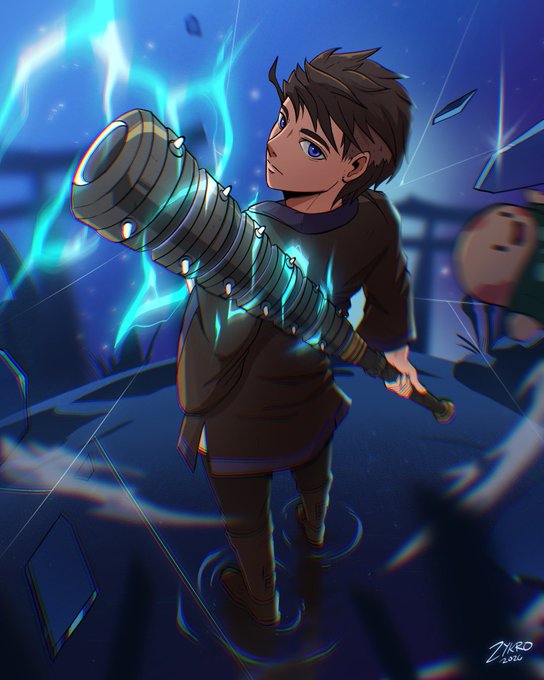 An anime-style illustration shows a young character with brown hair and blue eyes holding a large, spiked metallic weapon that emanates bright cyan energy, standing on shattered glass shards against a dark blue background.