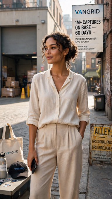 A promotional image for 'VANGRID' featuring a woman in a cream linen outfit standing on a city street, with text advertising '1M+ CAPTURES ON BASE — 60 DAYS' and a 'PUBLIC EXPLORER LIVE BOUNTY' notice.