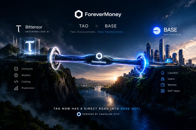 A promotional graphic depicts "ForeverMoney" as a glowing bridge connecting Bittensor (TAO) on the left—representing decentralized AI with compute, models, coding, and prediction capabilities—to Base on the right, representing DeFi with liquidity, users, wallets, and DeFi apps, with the tagline "Two Ecosystems. One Connection" and "TAO NOW HAS A DIRECT ROAD INTO BASE DeFi, POWERED BY CHAINLINK CCIP." The image visually reinforces the post's announcement of TAO bridging to Base via Chainlink's CCIP, symbolizing the unification of two distinct crypto ecosystems through the central ForeverMoney connector.